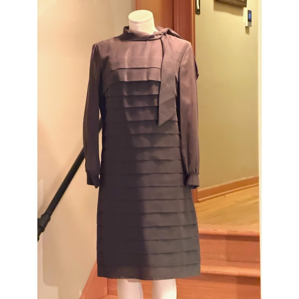 Vintage Sears Fashion Brown Tiered Chiffon Cotton Dress Long Sleeves Size S